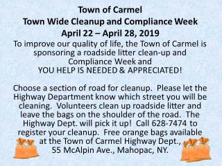 Town of Carmel Litter Clean Up and Compliance Week - April 22-28, 2019