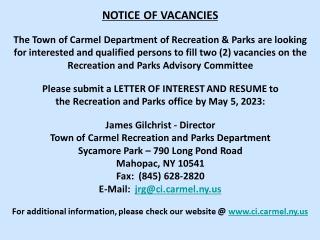 Town of Carmel Department of Recreation & Parks Advisory Committee Notice of Vacancies